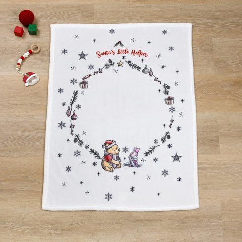 Disney Winnie The Pooh and Piglet White, Red, and Green Christmas Holiday Wreath Santa's Little Helper Photo Op Super Soft Baby Blanket...