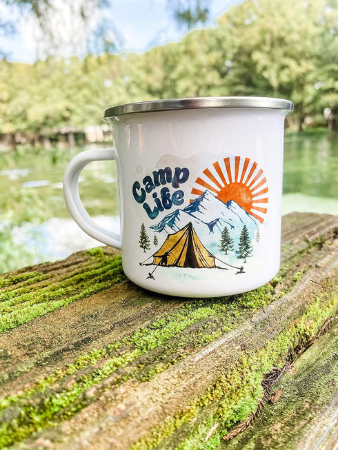 Camp Life Enamel Campfire Mug, Outdoor Camping Coffee Cup, Mountain Nature Hiking Lover Gift (12oz)...