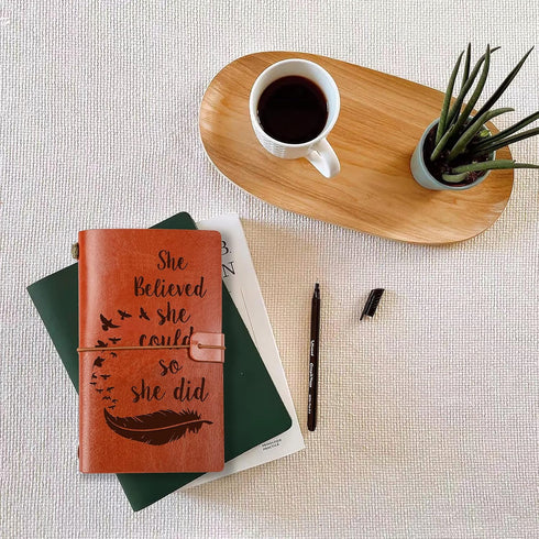 Inspirational She Believed She Could So She Did Embossed Leather Journal, Refillable Journal Notebooks, Travel Journal Diary Sketch Book Writing J...
