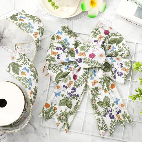 Green Wildflower Wired Edge Ribbon Wild Floral Craft Ribbon Retro Fabric Ribbon for Spring Wreath Bow Making DIY Crafts Wrapping Party Decor Suppl...