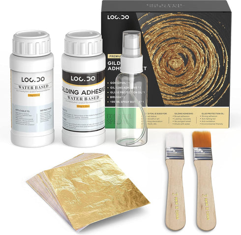 Gold Leaf Kit, Gilding Adhesive 200ml Set, Water Based Adhesive and Protective Varnish Whit Gold Leaf Sheet 100 pc, for Craft Supplies, Painting, ...