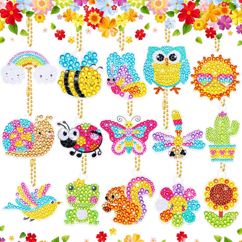 Inbagi 15 Pcs Spring Diamond Painting Keychains Spring Flower Diamond Art Keychains Spring Animal 5d Diamond Key Chains Ring Pendant DIY Diamond D...