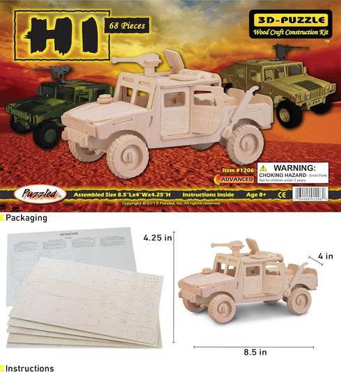 Puzzled 3D Puzzle H1 Truck SUV Wood Craft Construction Model Kit, Fun Unique & Educational DIY Wooden Army Toy Assemble Model Unfinished Crafting ...