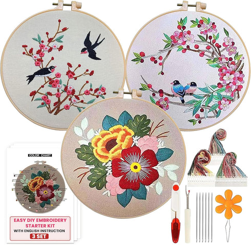 Embroidery Starter Kit for Beginners with Pretty Floral and Birds Patterns. Complete DIY, Includes 3 Hoops, 3 Stamped Patterns, Needles, Scissors,...