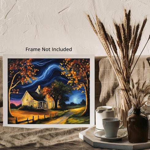 Posterizer 1 pcs- quaint old village-building in nature-night sky 3-Landscape & Nature Art-Floral Botanical Art- Decor for Home & Office- unframed...