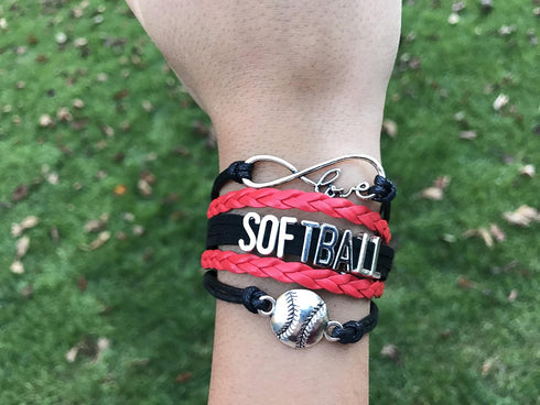Softball Charm Bracelet (Black/Red) Bracelets, Adjustable Bracelet with Softball Charm. Braided Bracelets for Softball Players, Softball Team, and...