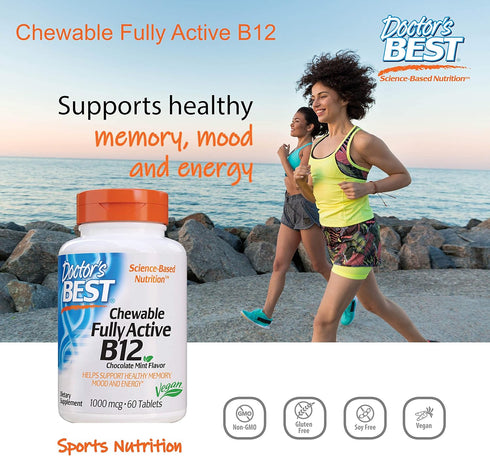 Doctor's Best Chewable Fully Active B12 Chocolate Mint Flavor, Memory, Mood, Circulation & Well-Being, 1,000mcg, 60 Tablets...
