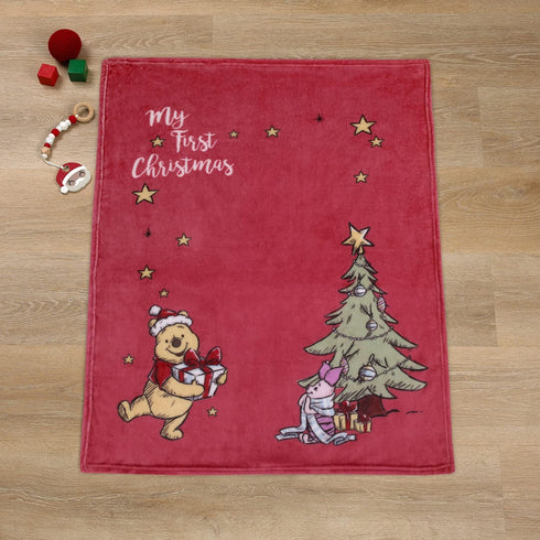 Disney Winnie The Pooh and Piglet Red and Green Holiday Christmas Tree My First Christmas Photo Op Super Soft Baby Blanket...