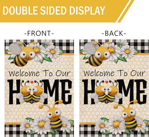 Welcome to Our Home Bumble Bee Spring Summer Decorative Large House Flag, Buffalo Plaid Check Daisy Home Outside Garden Yard Decorations, Farmhous...