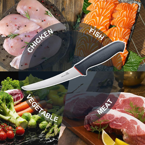 DELFINA 6 Inch Boning Knife for Meat Cutting, Semi-flexible Curved Blade Processing Knife, Premium Stainless Fish Fillet, BBQ Brisket Meat Trimmin...