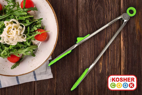 Parve Green Locking Kitchen Tongs – 12” Heavy Duty Multipurpose Tool - Stainless Steel with Non-Stick Silicone Tips - Color Coded Kitchen Tools by...