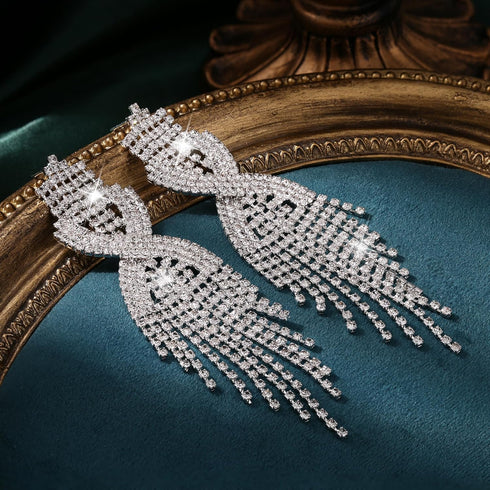Sllaiss Rhinestone Bridal Jewelry Set for Women Sparkling Rhinestone Stretch Bracelet Ring Dangle Tassel Earrings Set Costume Jewelry...