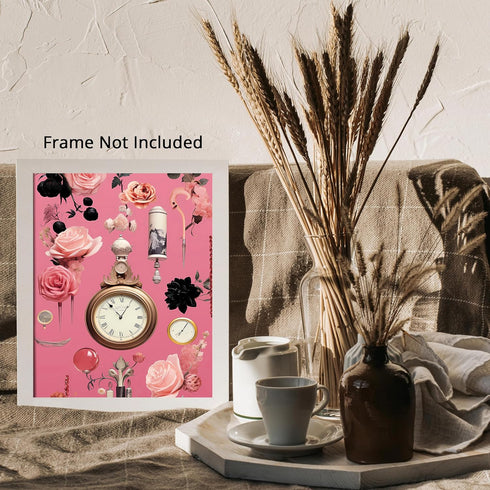 Posterizer 1 pcs-vintage watches , flowers-pink girly collage-Abstract & Modern Art-Floral & Botanical Art-Gift for Art Lovers- UNFRAMED Wall Art...