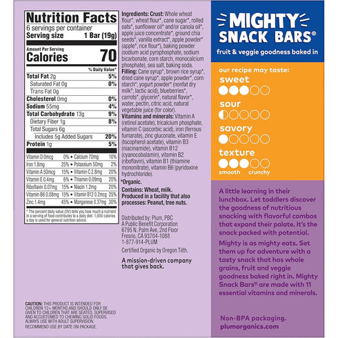 Plum Organics Mighty Snack Bars - Blueberry - 0.67 oz Bars (Pack of 6) - Organic Fruit and Vegetable Toddler Food Snack Bars...