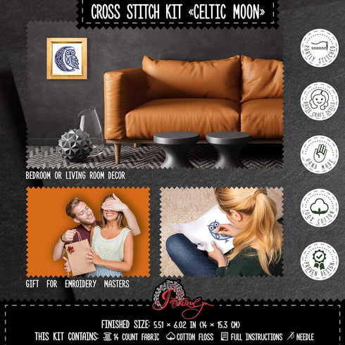 Povitrulya Counted cross stitch kit Celtic moon - DIY embroidery set with presorted floss, 14-count Aida fabric, paper pattern...