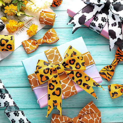 6 Rolls 30 Yards Safari Ribbon Set Christmas Wide Craft Animal Print Ribbon Wired Edge Zebra Leopard Themed Ribbon Decorative Ribbon Crafting Supp...