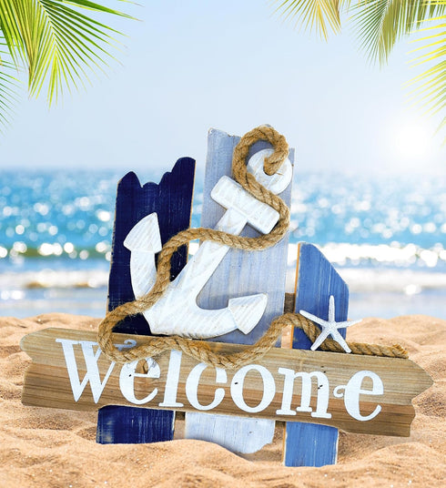 CoTa Global Atlantic Anchor Welcome Nautical Decor Sign - Nautical Themed Wood Sign, Beach Decor for Wall, Novelty White and Blue Starfish and Anc...