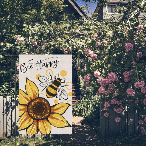 Bee Happy Garden Flag 12x18 Double Sided Vertical, Burlap Small Welcome Spring Summer Positive Garden Yard House Flags with Sunflower Decor Outsid...