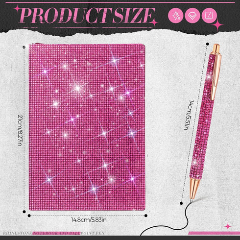 Notebook and Rhinestone Pen Sets, A5 Diamond Crystal Notebook, Crystal Pen, Bling Office Accessories (Rose Red)...