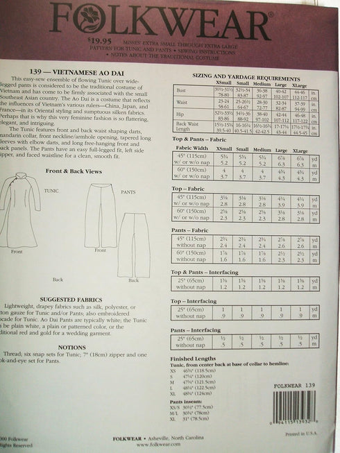 Folkwear #139 Vietnamese Ao Dai Pants Tunic Asian Sewing Costume Pattern...