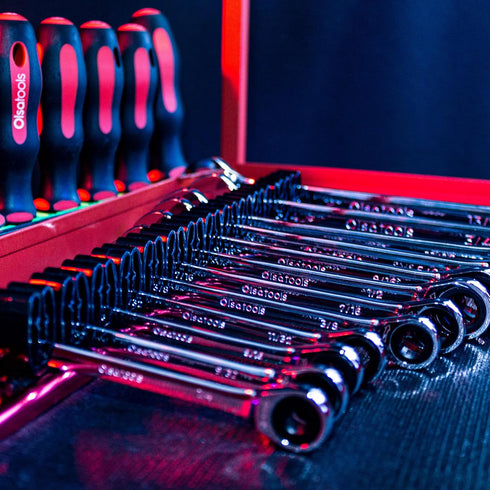 Olsa Tools Wall-Mounted Wrench Rack - Red Anodized Aluminum Rail with Black Clips - Stores 14 SAE or Metric Wrenches Securely - Professional Organ...