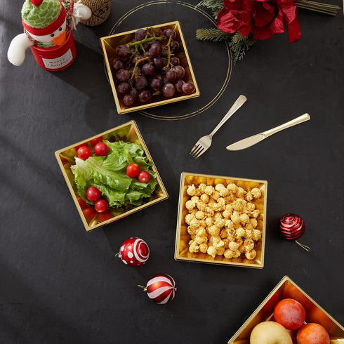 N9R 50 Count Gold Square Plastic Serving Bowls, 12 Oz Disposable Square Bowls for Candy Snake, Salad Bowl Perfect for Party Wedding Birthday...