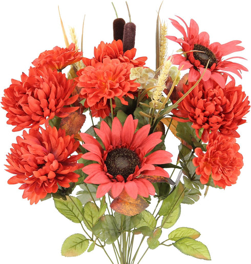 Admired By Nature Artificial Bouquet Bush 18 Stems of Mums, Sunflowers, Zinnia, Foliage (Brick Red) - for Fall Home Decor, Weddings, Events, Parti...