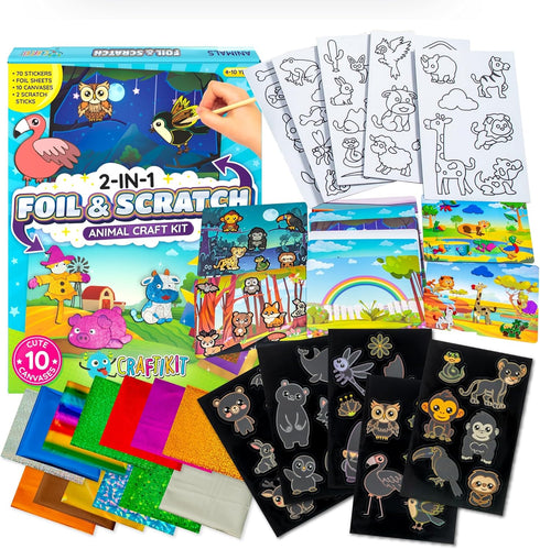 Craftikit ® Animal Foil Art & Rainbow Scratch Art for Kids - 2-in-1 Arts and Crafts Kit for Kids Ages 4-10 - Gifts for Girls, Boys & Toddlers Ages...
