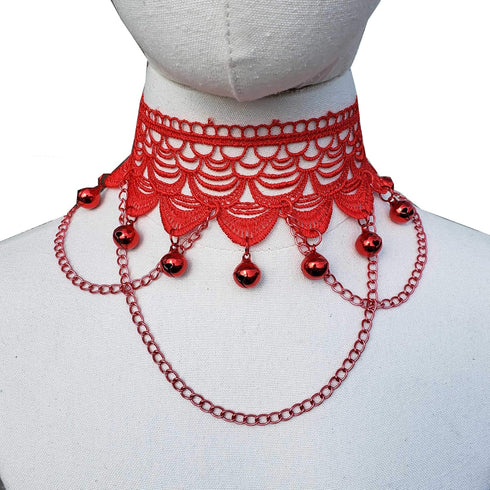 Red Lace Chains Christmas Bell Necklaces Goth Chokers Collar Jewelry for Women Gifts (lace bell)...