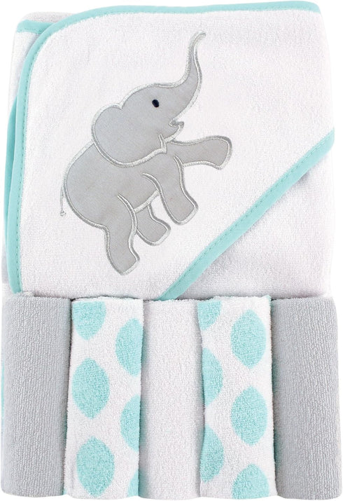 Luvable Friends Unisex Baby Hooded Towel with Five Washcloths, Cotton,Polyester,Ikat Elephant, One Size...