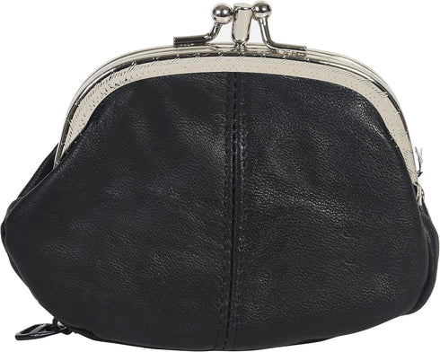 Leatherboss Leather Women's Coin Holder Pouch Purse Double Frame Wallet with Zipper Pocket, Black...