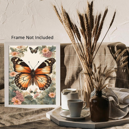 Posterizer 1 pcs- Orange buttterflies with pink flowers-Art for Animal Lovers-Floral Botanical Art- Gift for Men Women Entrepreneur Teens-Living R...