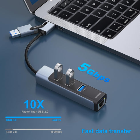 BENFEI 2-in-1 USB-C USB 3.0 to Gigabit Ethernet Adapter, 3-Port USB 3.0 Hub with RJ45 Compatible with MacBook Pro/Air 2023, iPad Pro, iMac, S23, X...