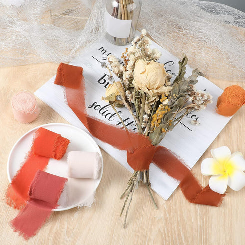 Chuangdi 6 Rolls Fall Terracotta Chiffon Ribbon 1.5 Inch x 5.5 Yard Boho Handmade Fringe Ribbon for Wedding Invitation, Bridal Bouquet, Gift Wrapp...
