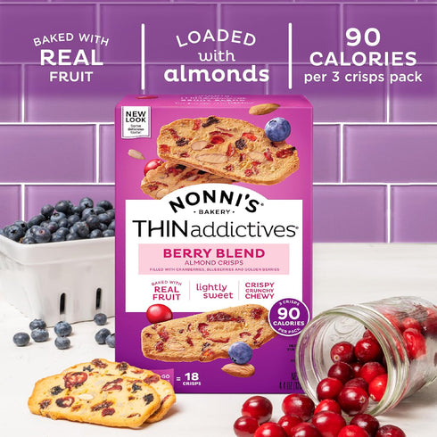 Nonni's THINaddictives Almond Thin Cookies - Berry Blend Almond Cookies - Almond Cookie Thins w/Cranberries Blueberries Goldenberries Raisins Sunf...