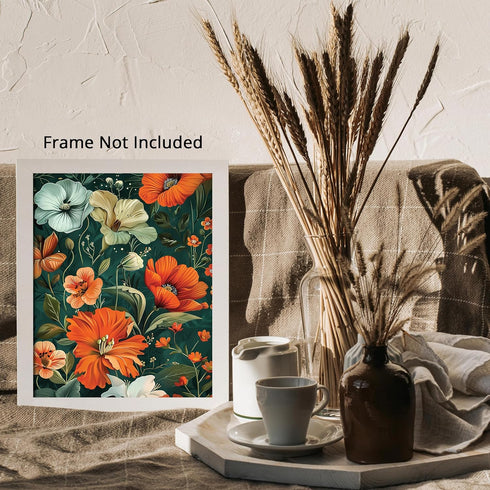 Posterizer 1 pcs-red orange flowers with green background-Floral & Botanical Art-Abstract & Modern Art-Decor for Home & Office- UNFRAMED Wall Art...
