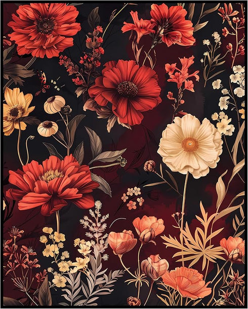 Posterizer 1 pcs-vibrant coral red , beige flowers-red background-Floral & Botanical Art-Abstract & Modern Art-Decor for Home & Office- UNFRAMED W...