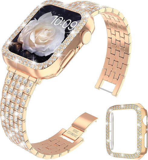 QVLANG Compatible for Apple Watch Band 44mm Series 6/5/4/SE, Diamond Rhinestone Case + Women Bling Band Stainless Steel Metal Bracelet for iWatch ...