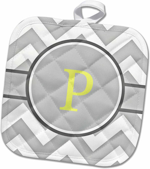 3D Rose Grey and White Chevron with Yellow Monogram Initial P Pot Holder, 8 x 8, Multiple Color...