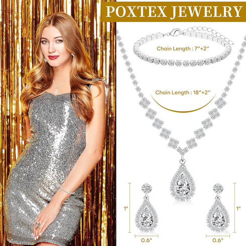Bridal Silver Jewelry Set for Wedding, Hypoallergenic Crystal CZ Tennis Bracelet Dangle Earrings Necklace Set, Rhinestone Teardrop Wedding Jewelry...