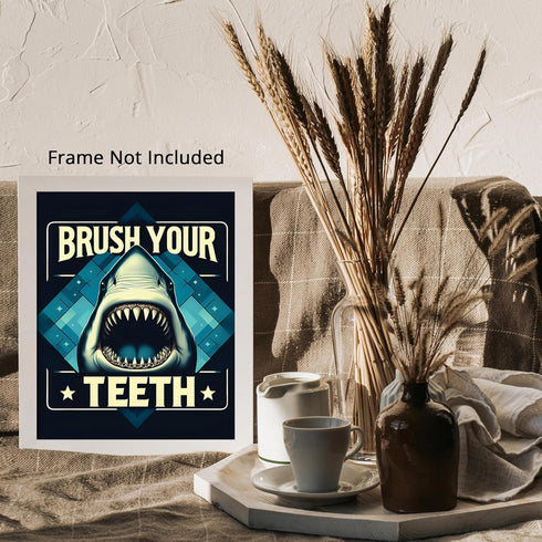 Posterizer 1 pcs-Brush Your Teeth Funny Shark Print-Comedy Art- Gift for Girls, Boys, Teens- Bathroom, restroom Decor- unframed wall art...