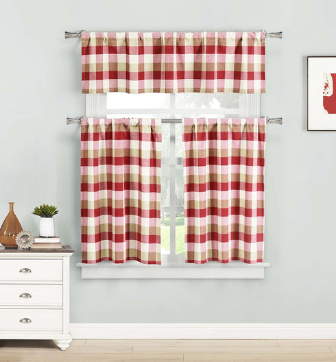 Home Maison - Kingsville Country Plaid Gingham Checkered Kitchen Tier & Valance Set | Small Window Curtain for Cafe, Bath, Laundry, Bedroom - (Red...