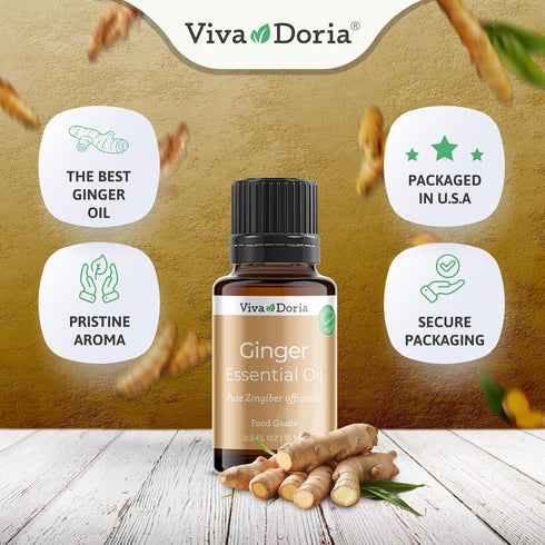 Viva Doria 100% Pure Ginger Fresh Essential Oil, Undiluted, Food Grade, Ginger Oil, 0.5 Fluid Ounce (15 mL) Natural Aromatherapy Oil...