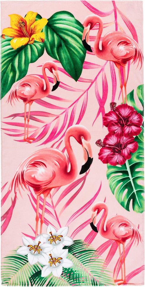 Softerry Flamingo Beach Towel 30 x 60 inches 100% Cotton (Flamingos and Hibiscus, 30" x 60")...