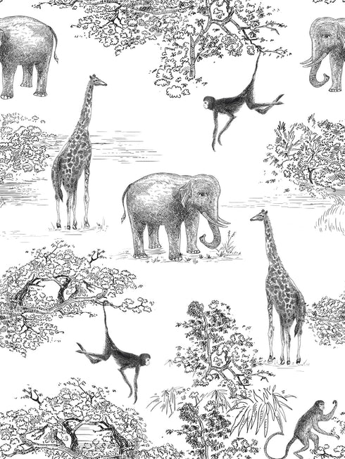 Peel and Stick Wallpaper Giraffe and Elephant Black/White Wallpaper for Kids Room Forest Animals Wallpaper Vintage Contact Paper Nursery Wallpaper...