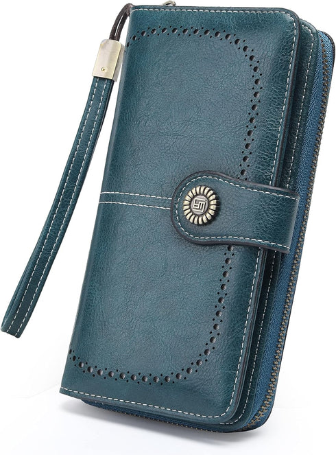 Womens Wallet Leather Large Capacity Card Holder Zipper Wristlet Wallets for Women-peacock blue...