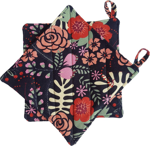 CUSHYSTORE Canvas Pot Holder Oven Pads Potholders Navy Blue for Cooking Kitchen 7.75", 2 Pack (Exotic Flower)...
