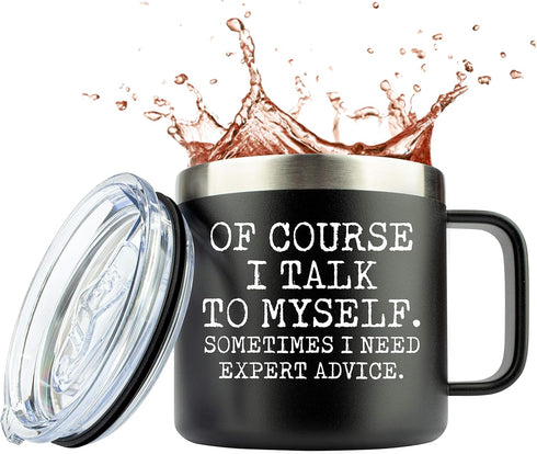 JENVIO Funny Travel Mugs Fathers Day | Of Course I talk to Myself | Laser Etched Stainless Steel Coffee Mug Tumbler | Dad Old Boss Grumpy | Unique...
