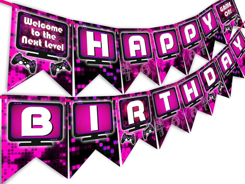 Gaming Party Happy Birthday Banner - Video Game Party Supplies - Game Truck Party Decorations - Gaming Pink...