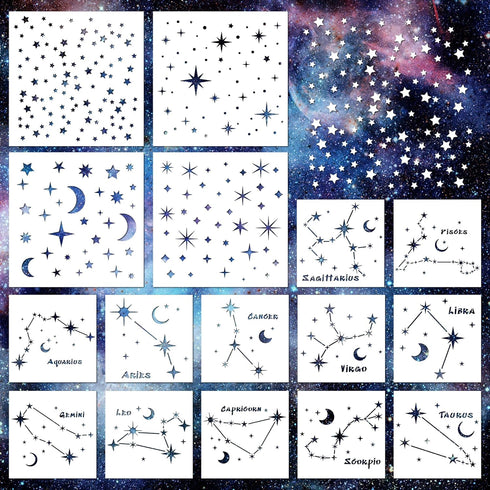 Star Stencils for Painting, 16 Pcs Star Moon Stencils for Painting on Wood Wall Painting Template, Large Reusable Star Zodiac Constellation Stenci...